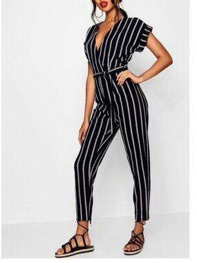 NEW Boohoo Tailored Roll Sleeve Tie Belt Jumpsuit Black White Stripe Size 16